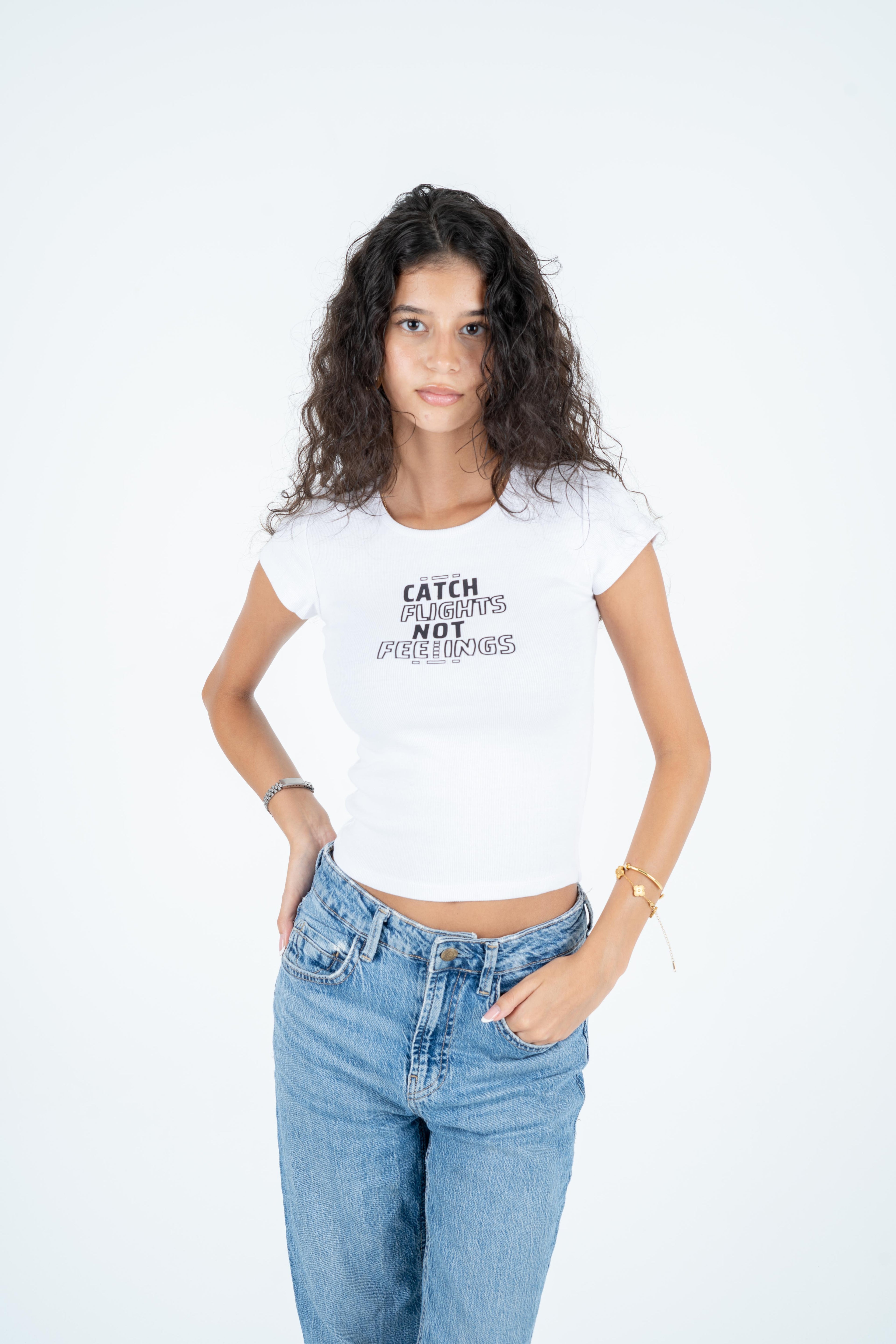 Ribbed Scoop-Neck Tank Top "Catch flights Not Feelings"