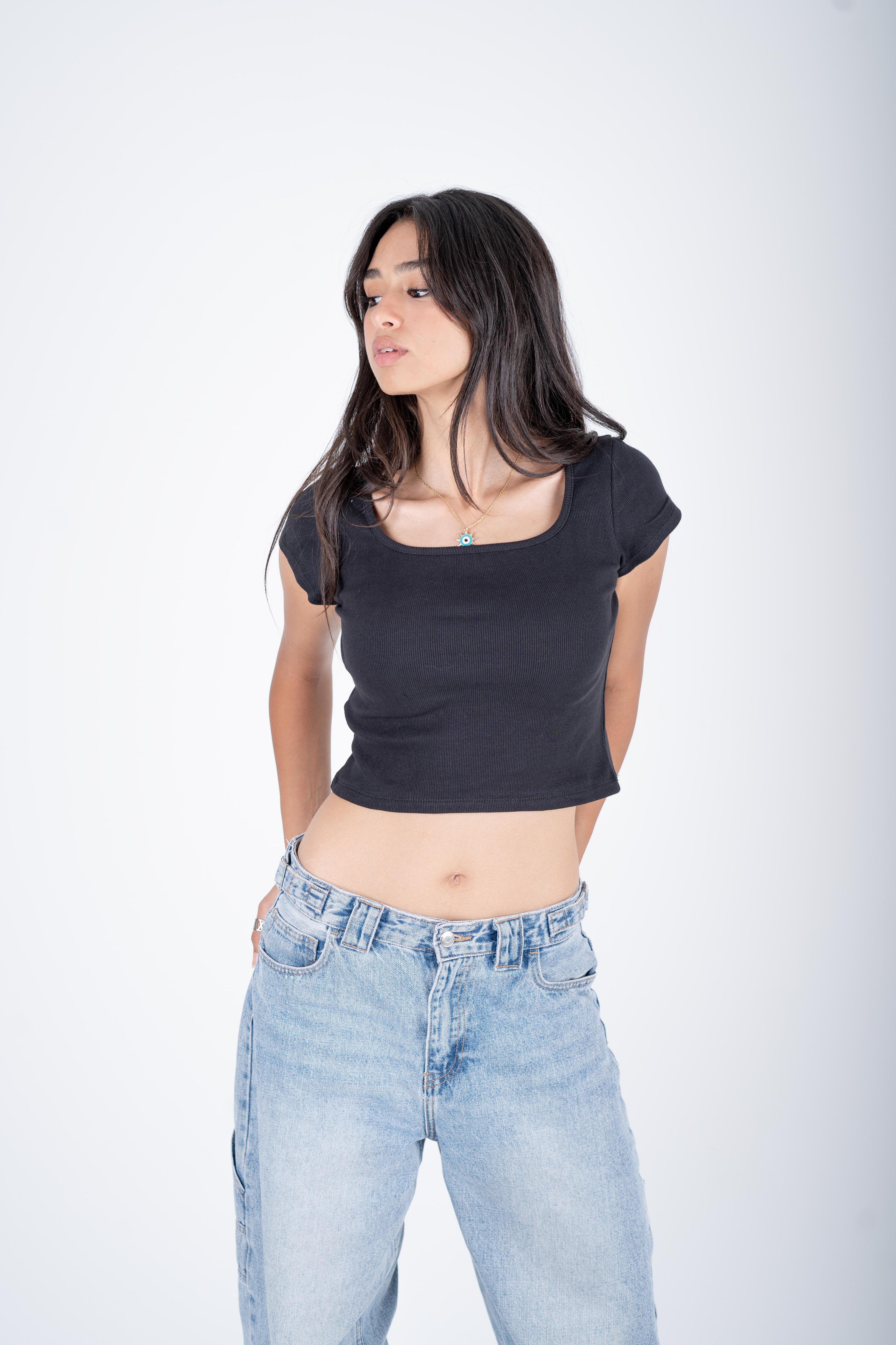 Square Neckline Smoky Top - Black