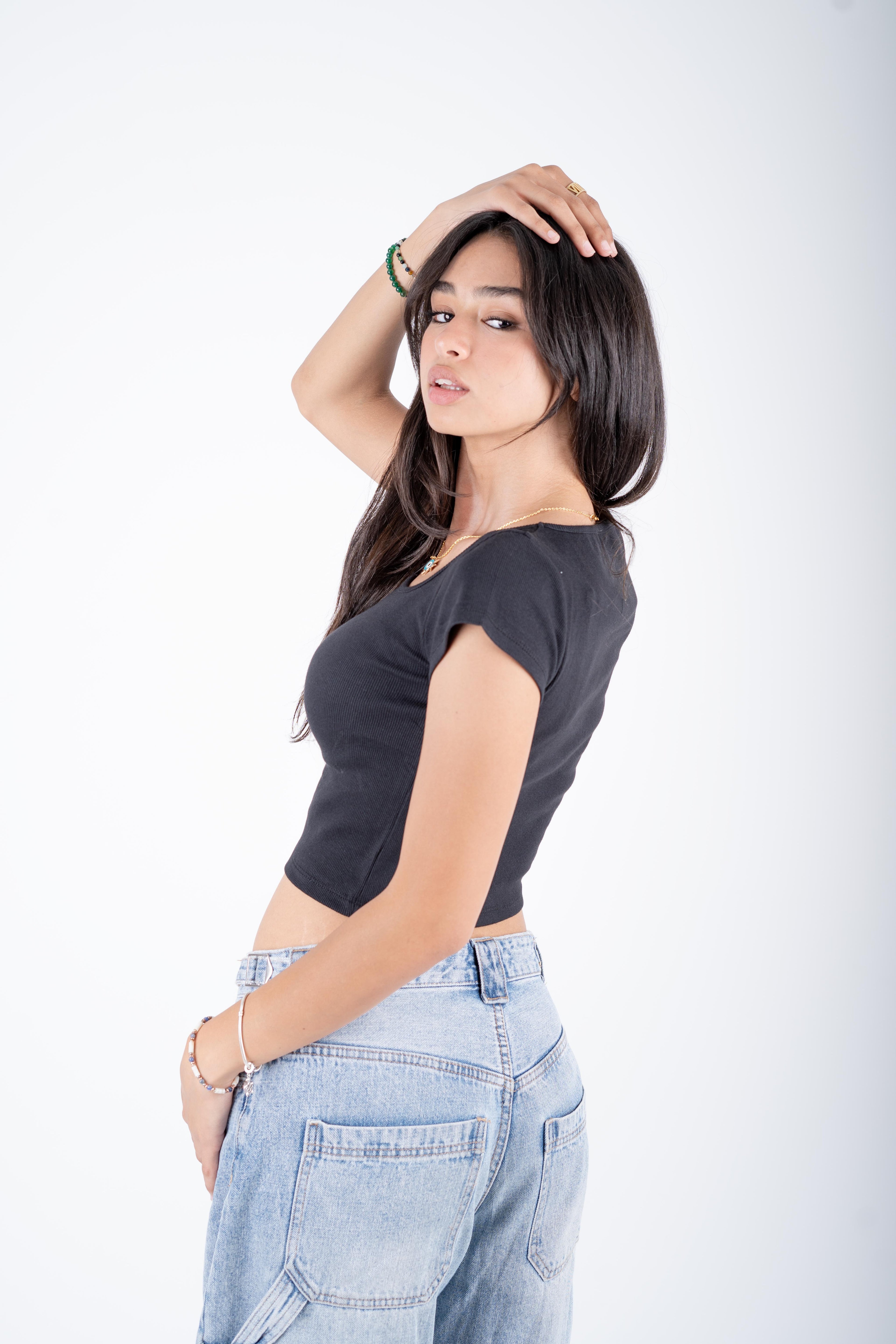 Square Neckline Smoky Top - Black