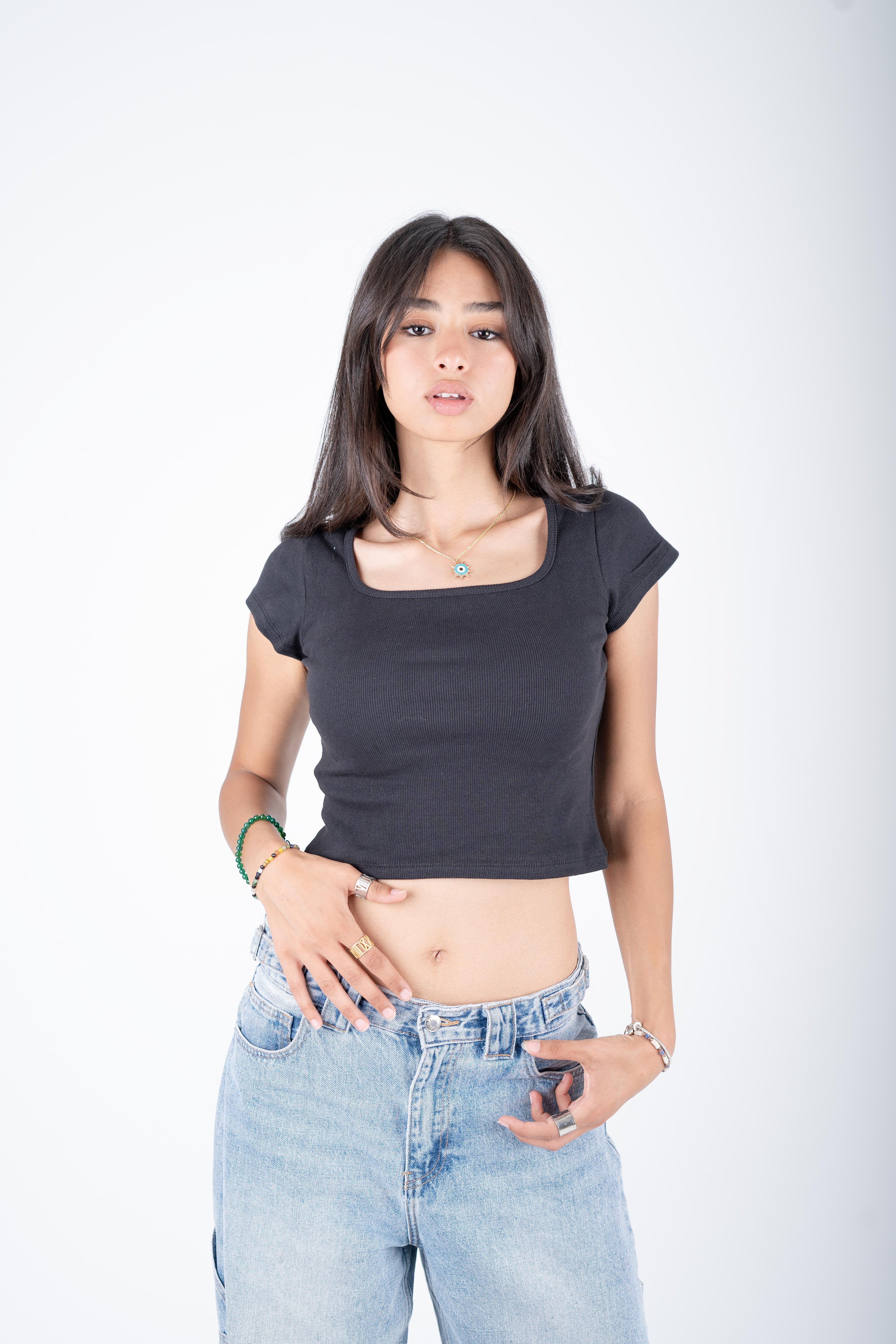 Square Neckline Smoky Top - Black