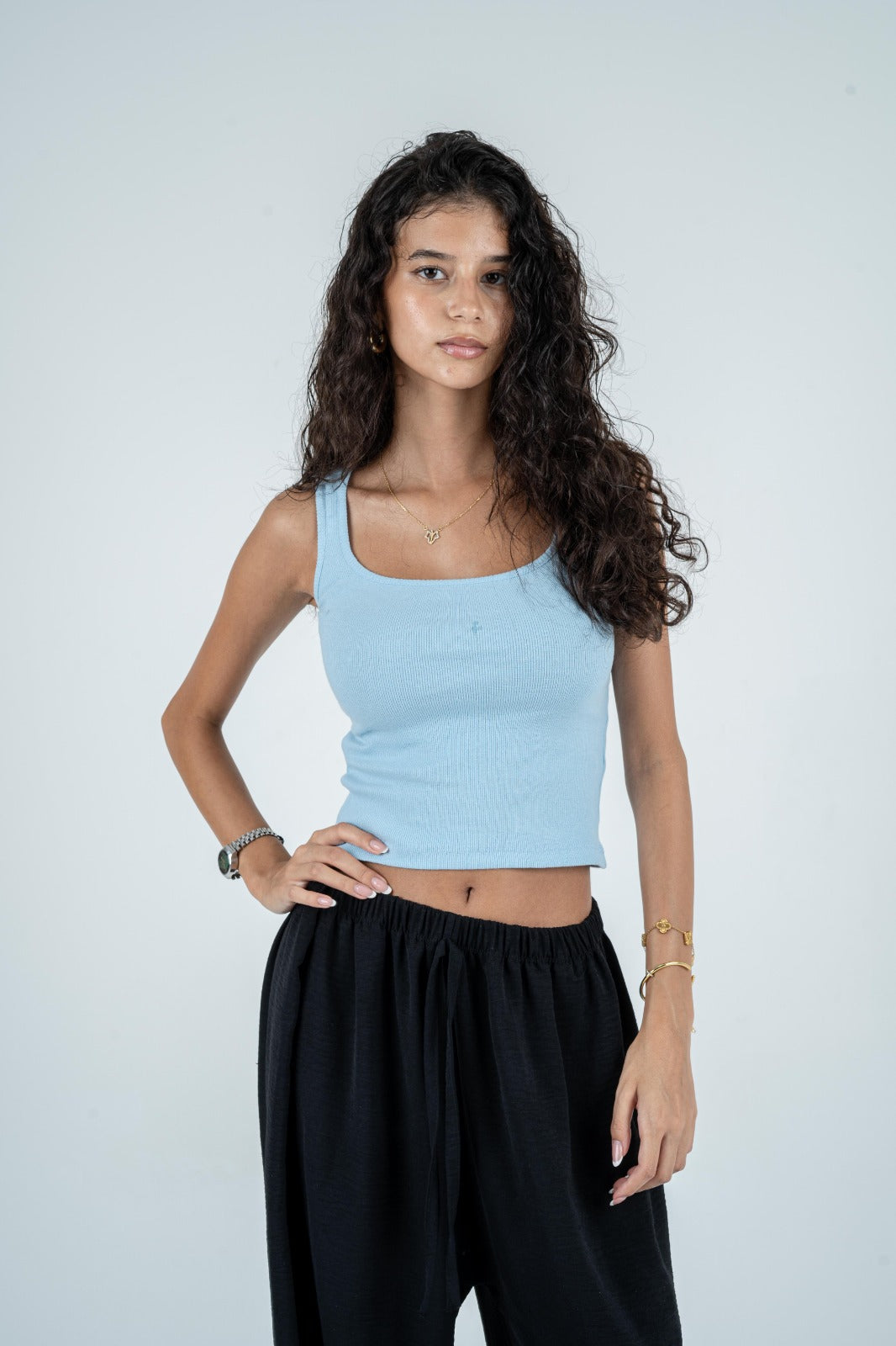 Ribbed Scoop-Neck Tank Top - Baby Blue