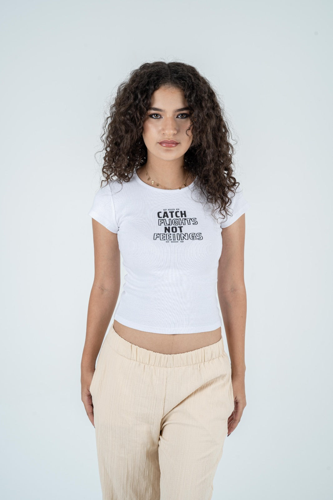 Ribbed Scoop-Neck Tank Top "Catch flights Not Feelings"