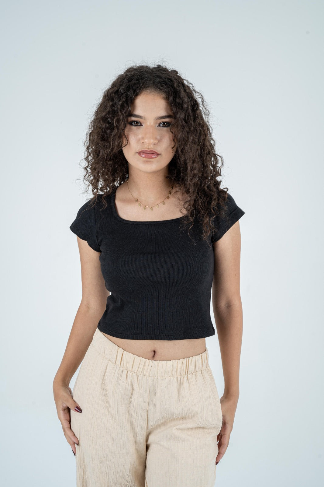 Square Neckline Smoky Top - Black